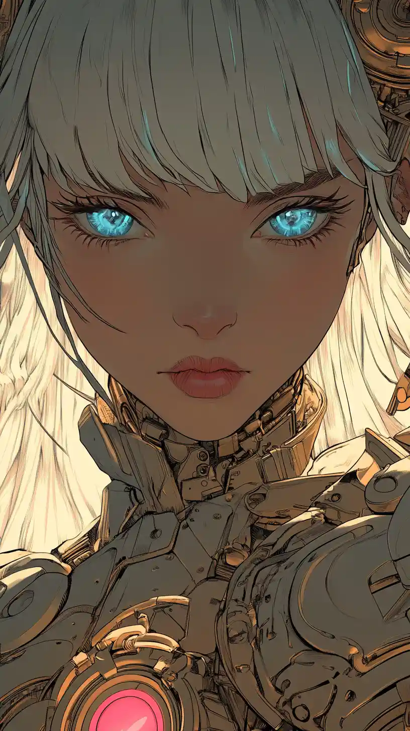 Anime cyber girl with electric blue eyes in battle