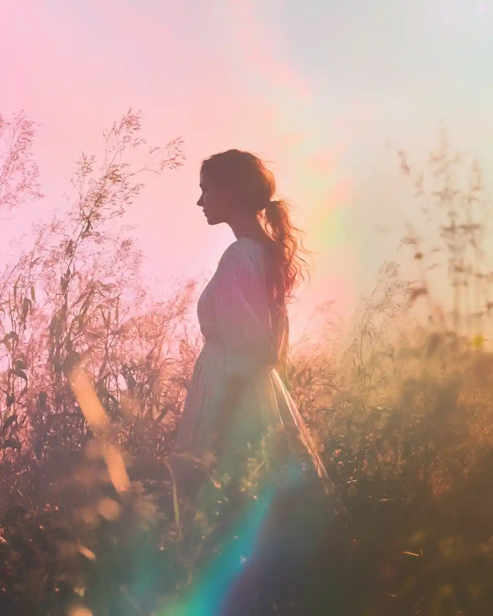 Woman standing in quiet meadow under surreal sunset sky
