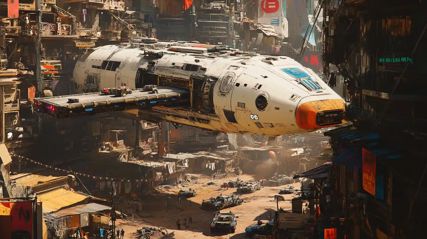 Massive sci fi cargo ship above a decaying alien town