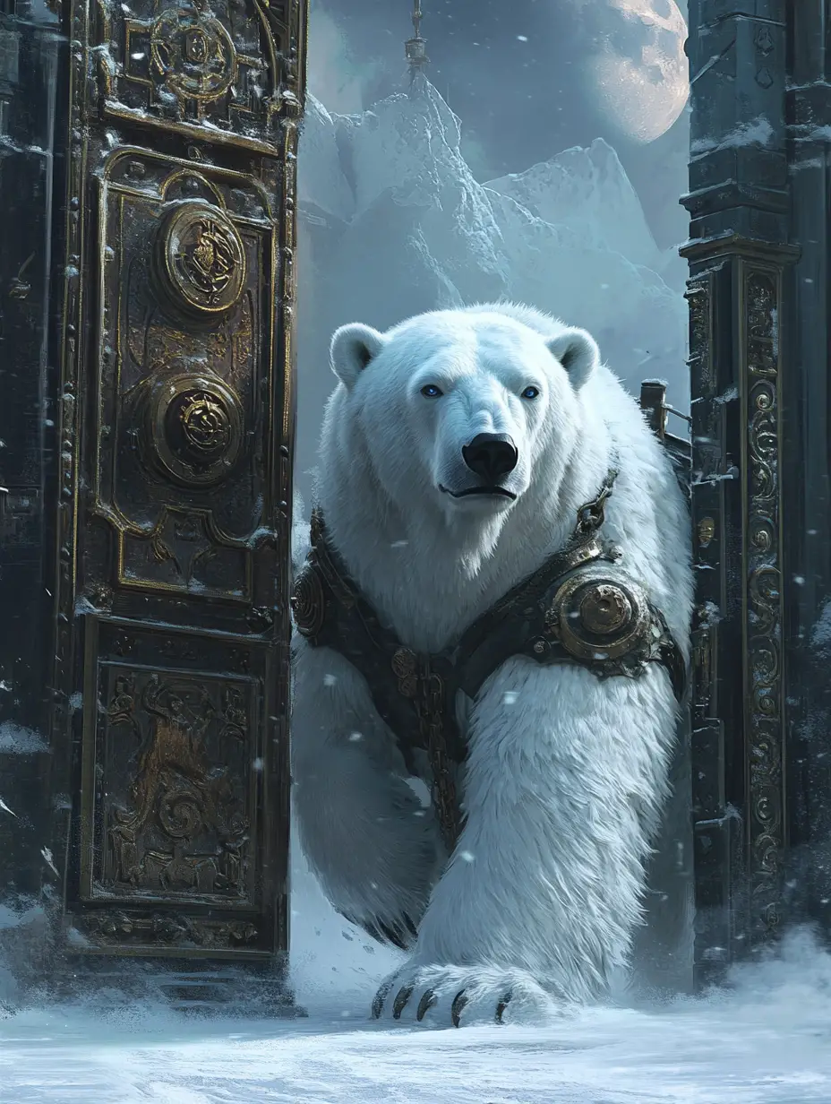Armored Polar Bear Guarding A Steampunk Wooden Gate