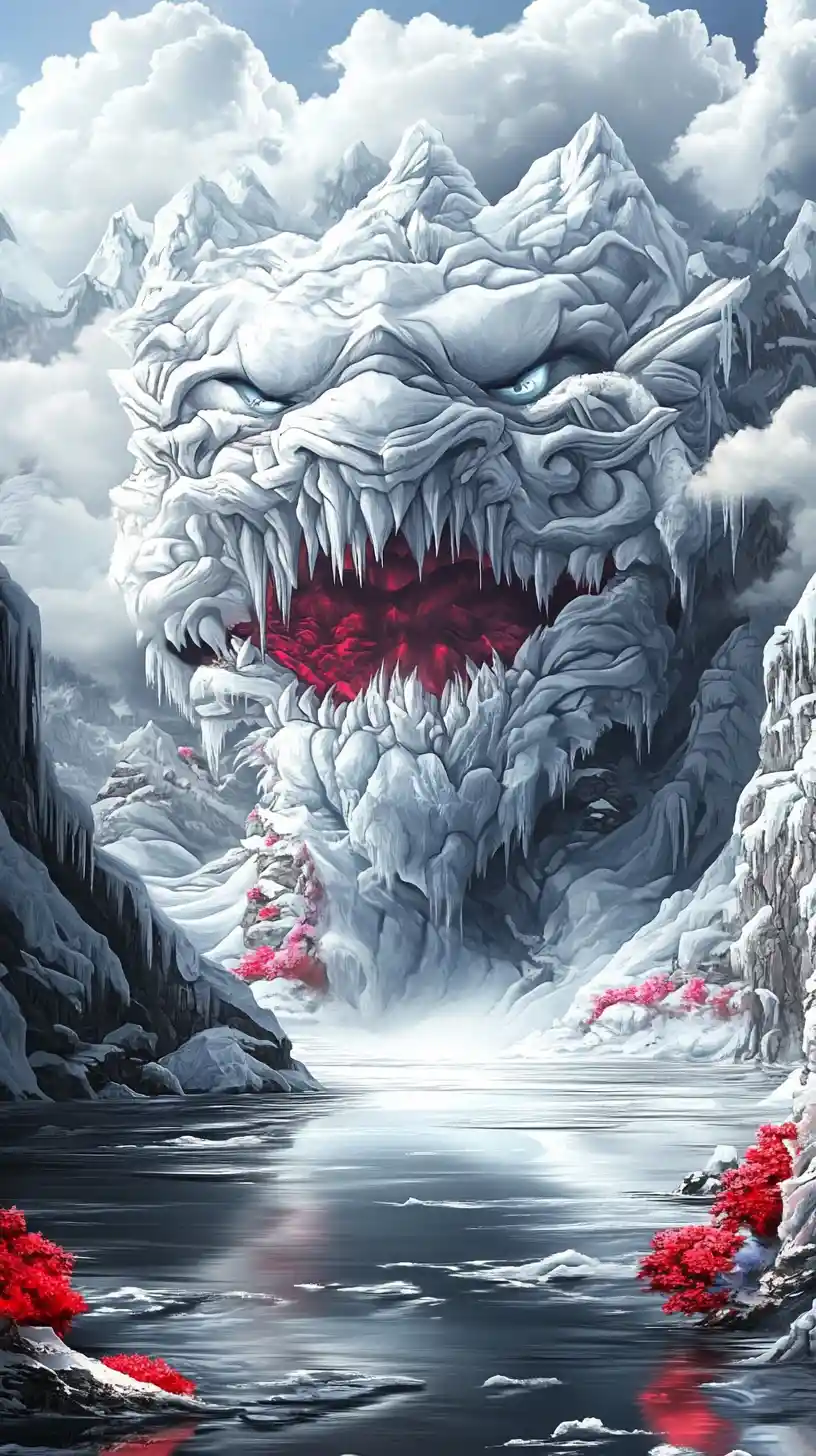 Colossal glacier titan melting into a glowing river