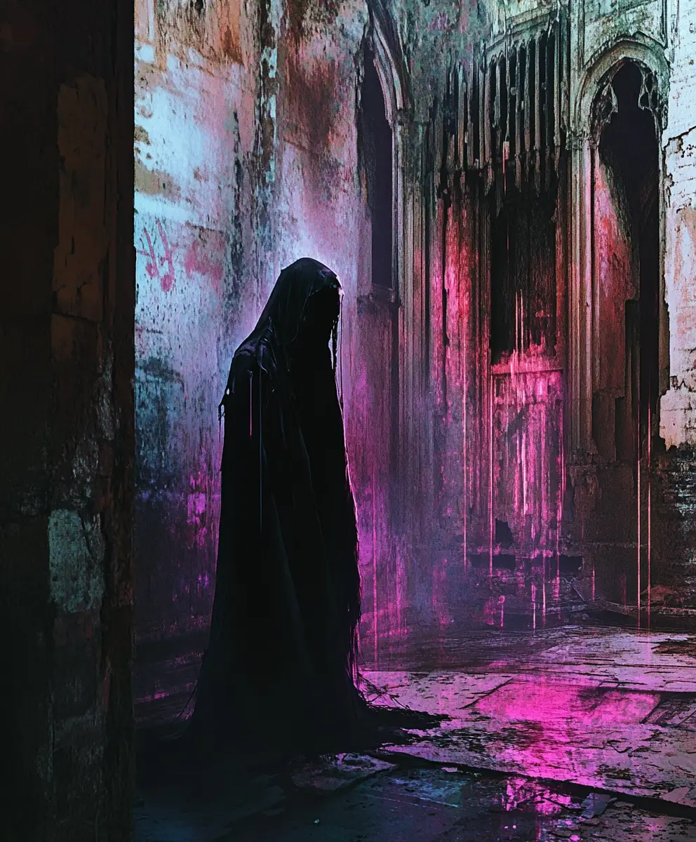 Faceless figure in a ruined metal and stone cathedral