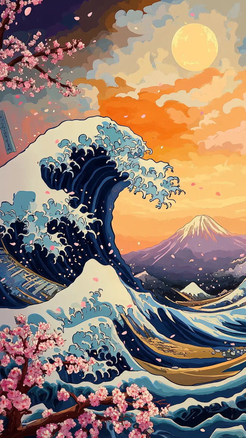 Colorful great wave illustration with cherry blossoms and mountains