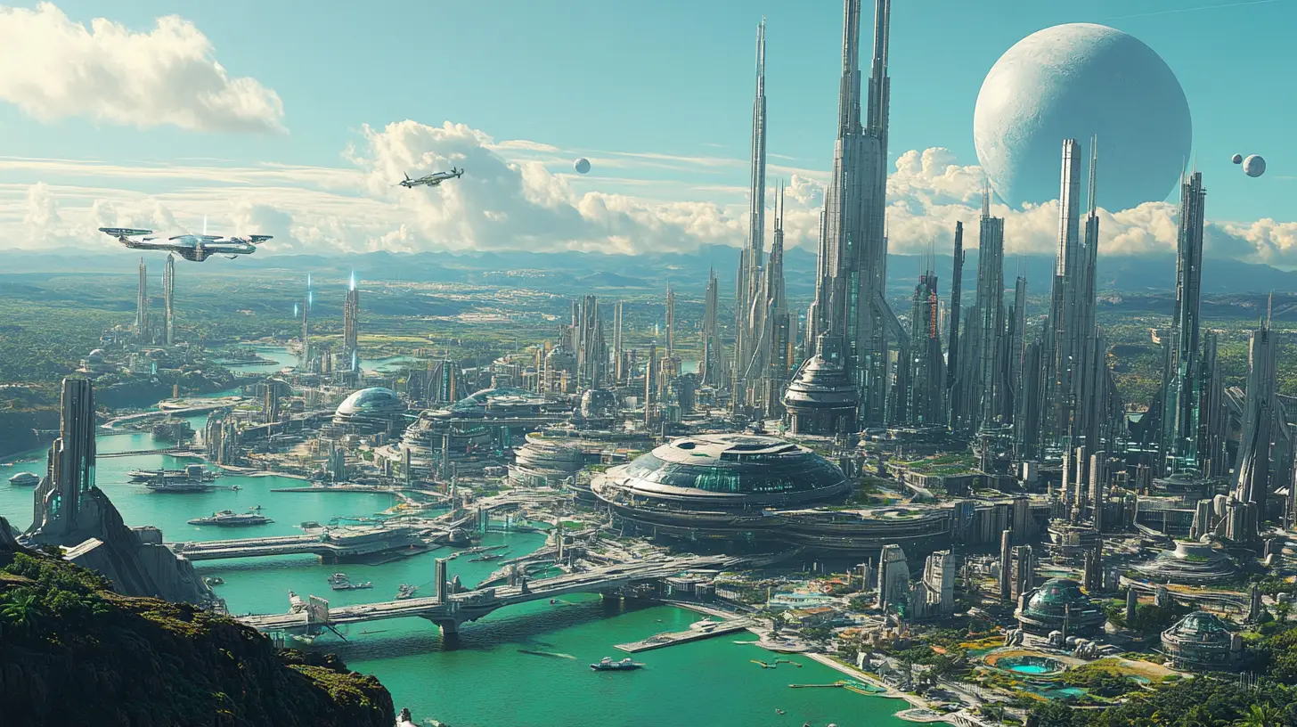 Noir futuristic alien city rising above layered waterways