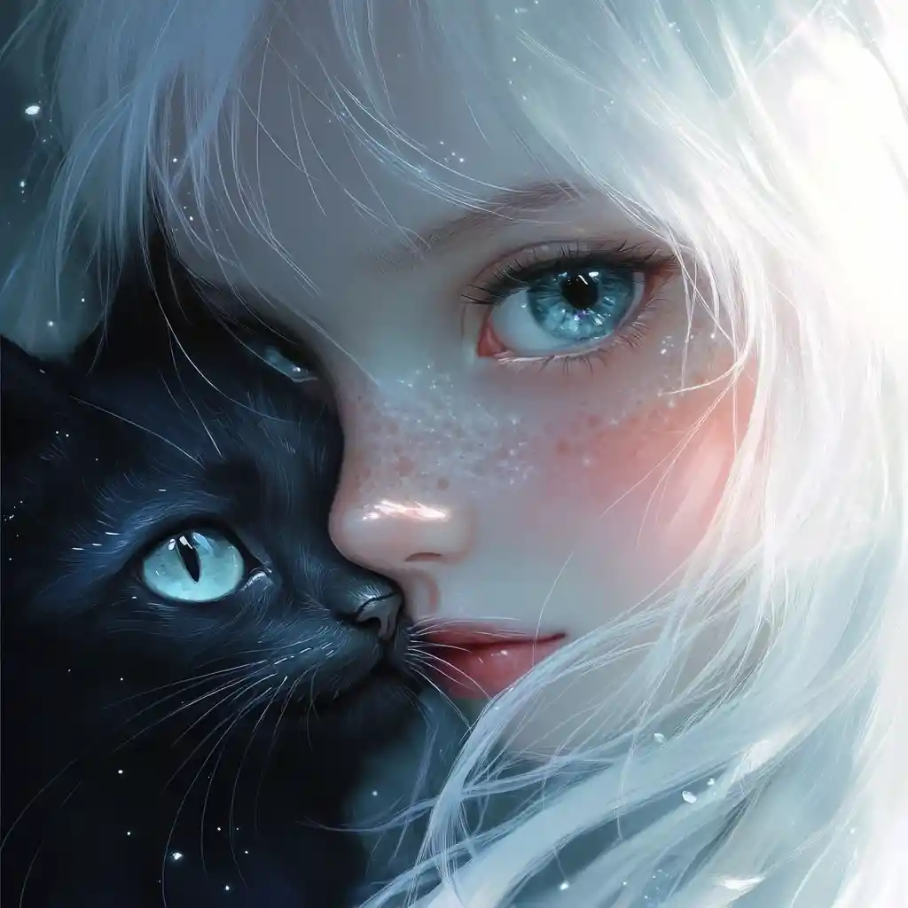 Dreamy anime girl close up with black cat