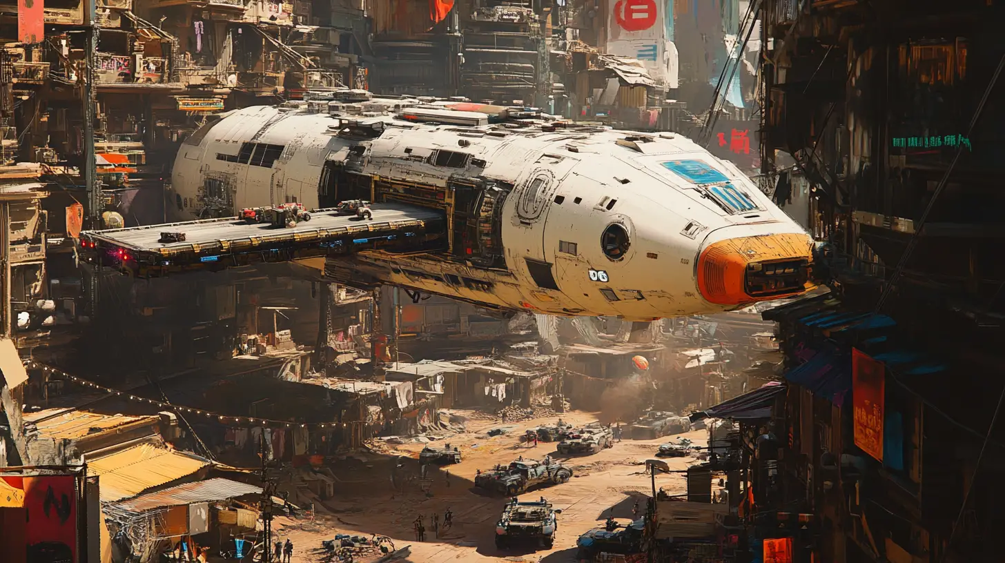 Massive sci fi cargo ship above a decaying alien town