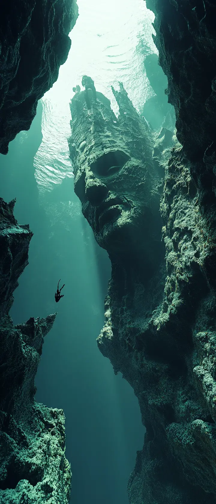 Underwater low angle view of ominous looming statue