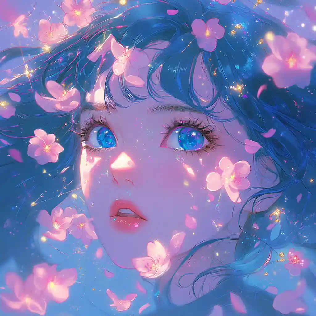Dreamy shoujo anime portrait with electric blue hair