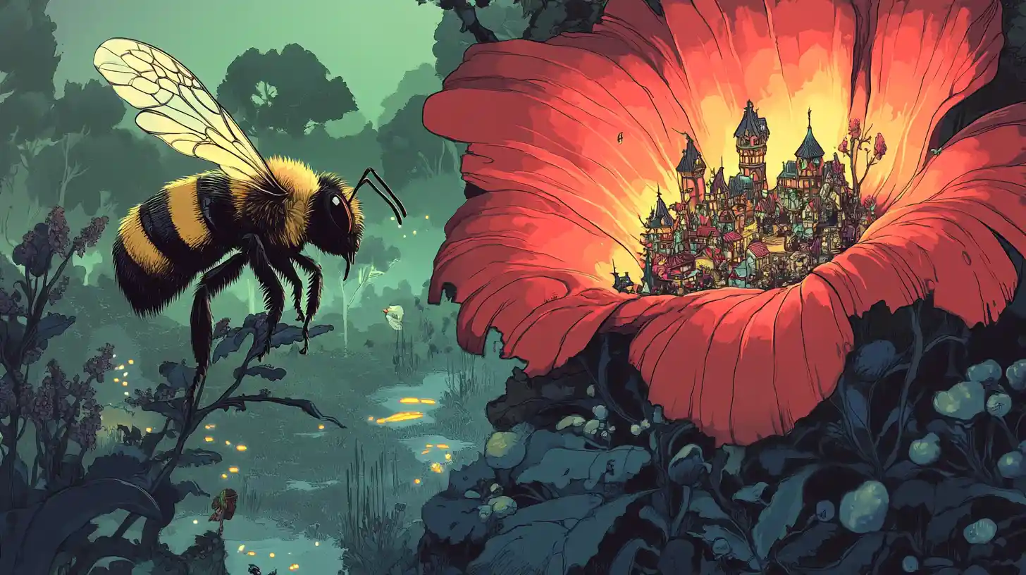 Whimsical bee exploring a giant flower elf town