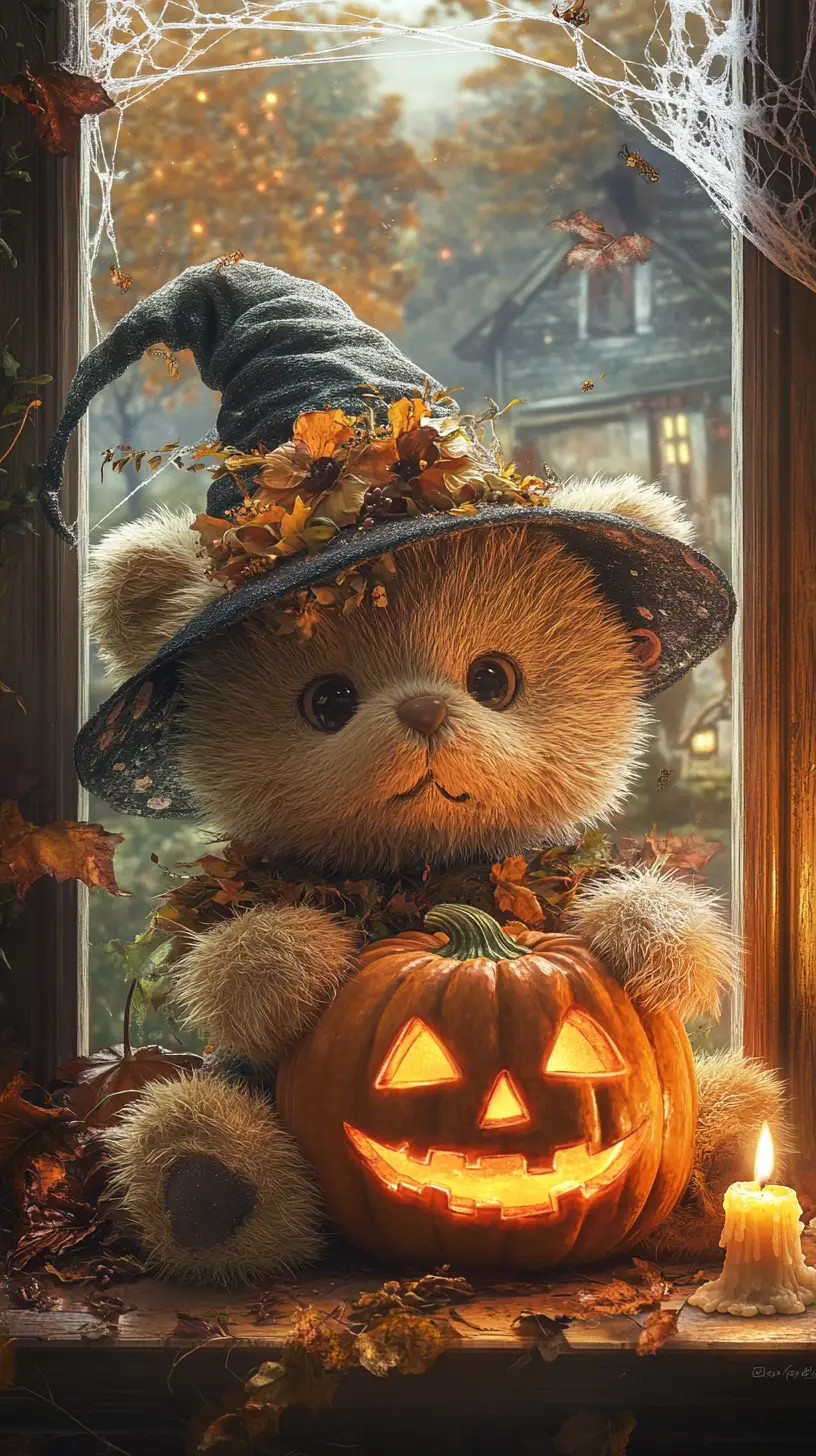 Cute teddy bear witch with glowing jack o lantern