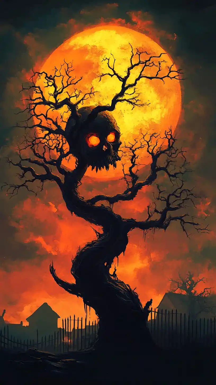 Twisted skull tree silhouette under a bright full moon