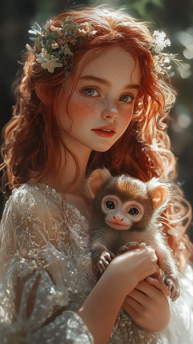 Whimsical princess holding a little monkey in her arms