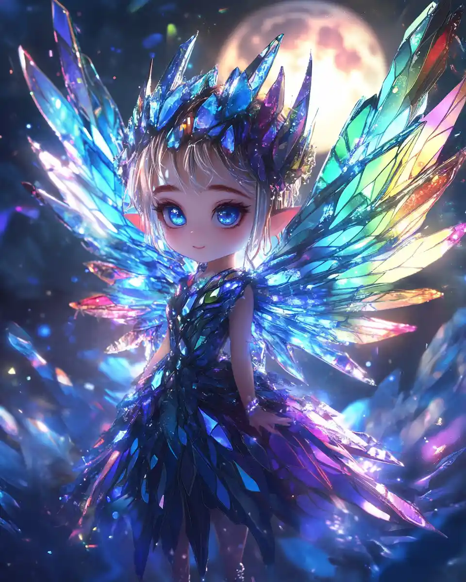 Chibi anime girl with stained glass wings under moonlight