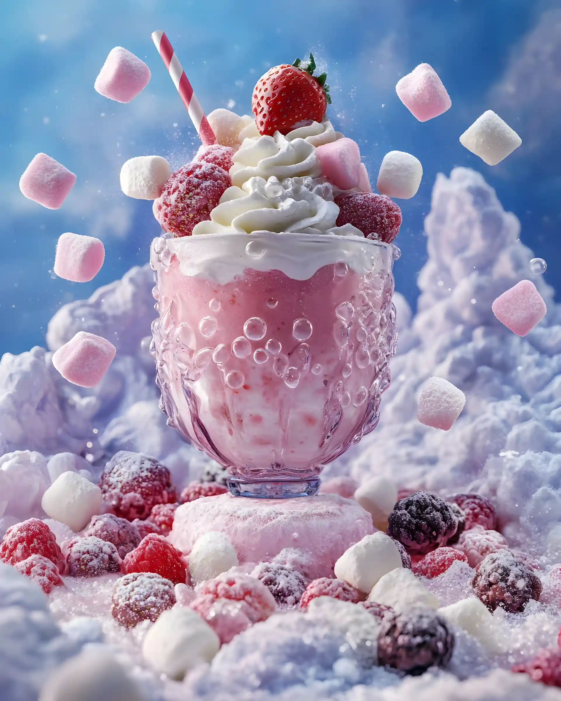 Strawberry Milkshake On Frozen Berries With Marshmallows