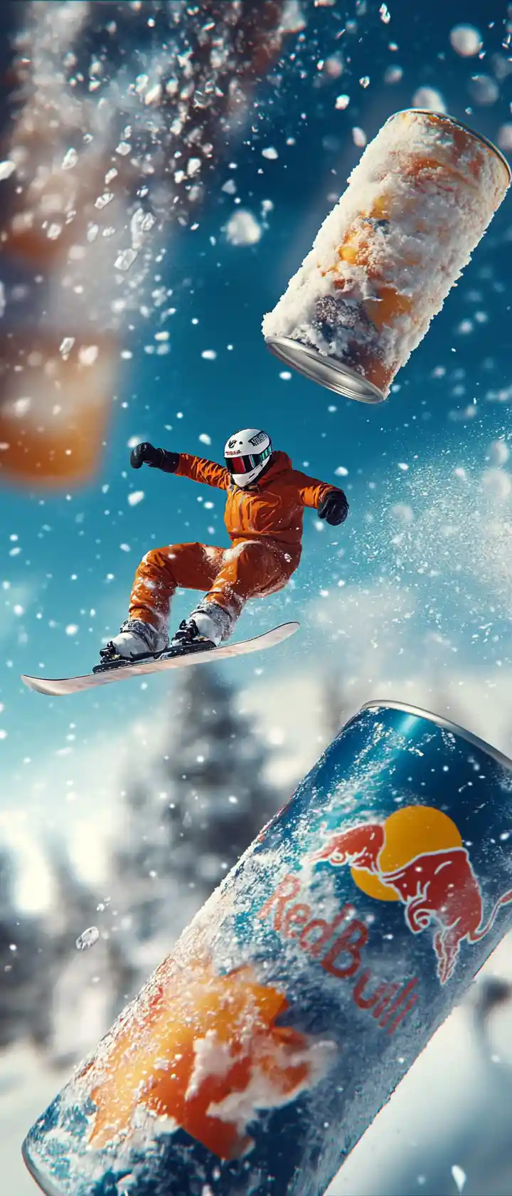 Snowboarder mid air holding energy drink in winter mountains
