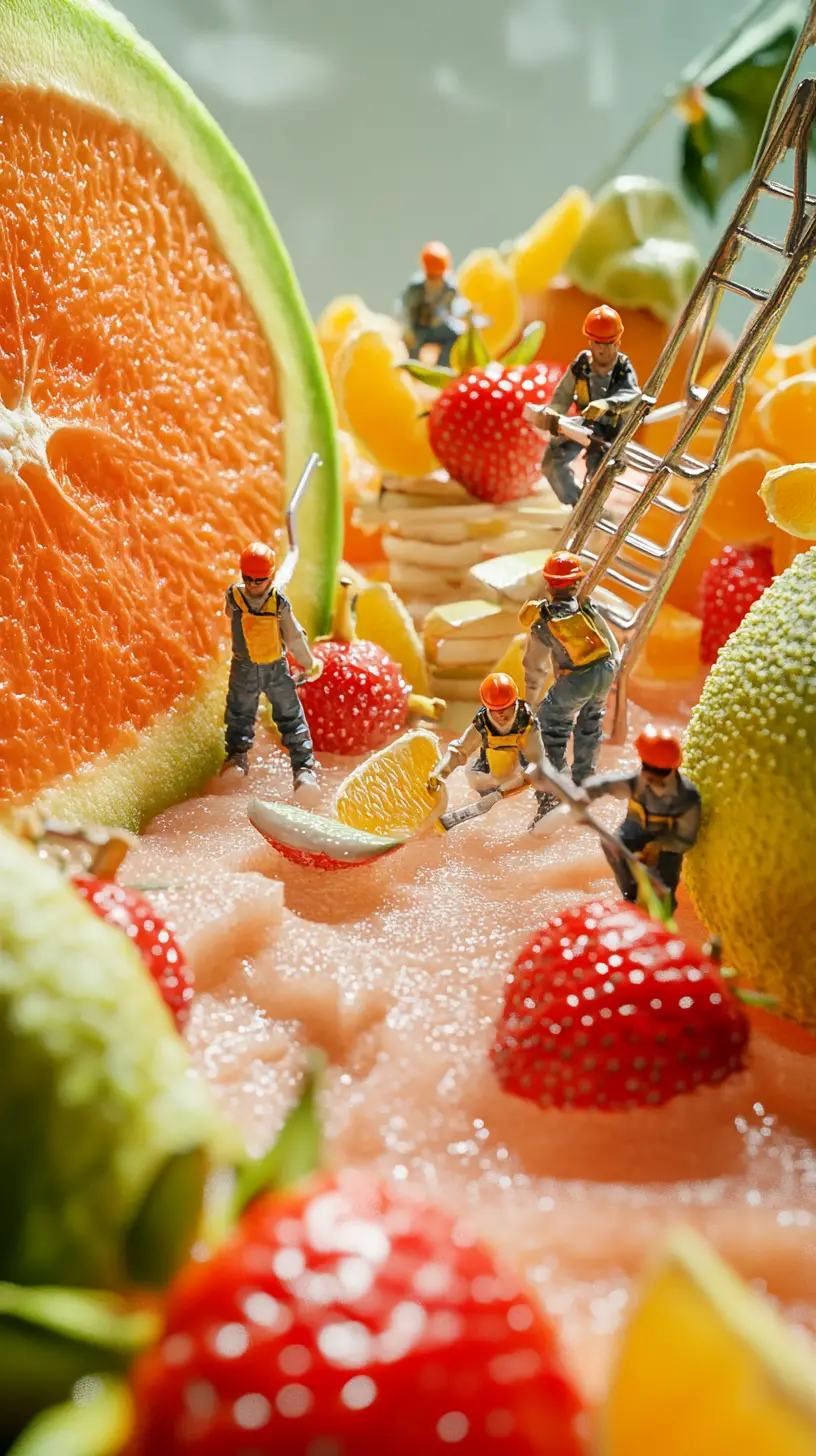 Miniature workers processing giant colorful fruits in kitchen