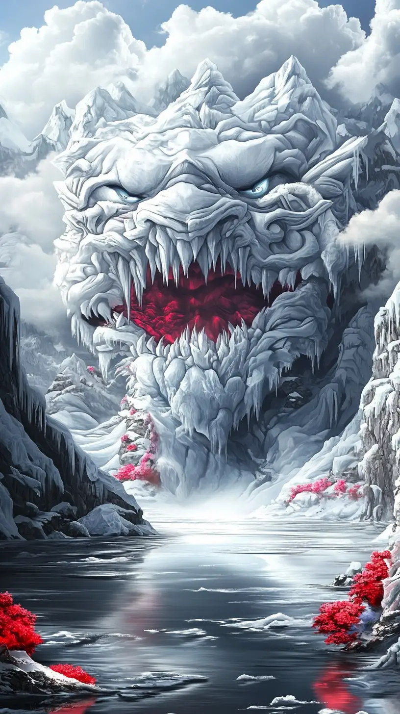 Colossal glacier titan melting into a glowing river
