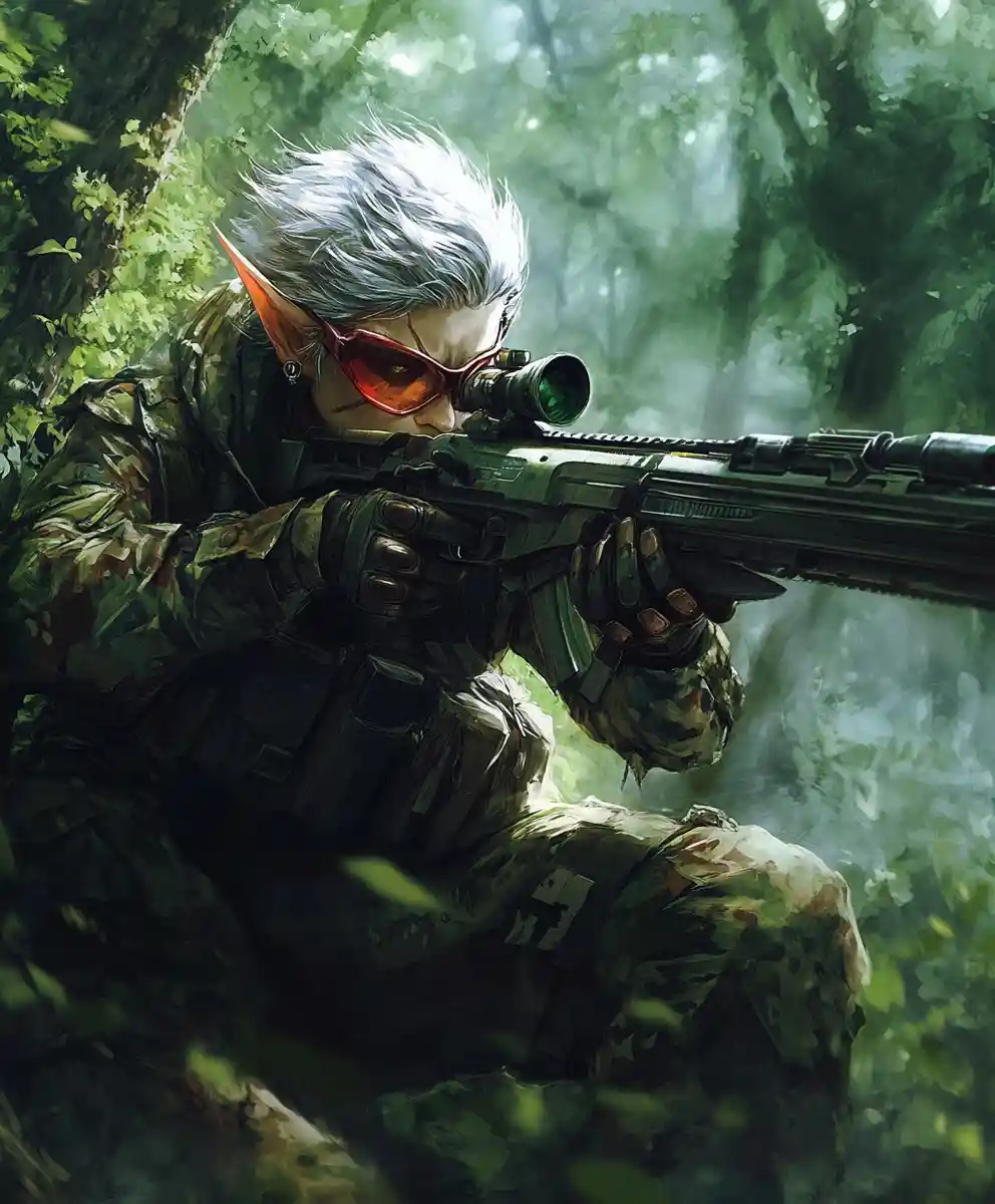 Elf warrior with rifle in misty anime forest