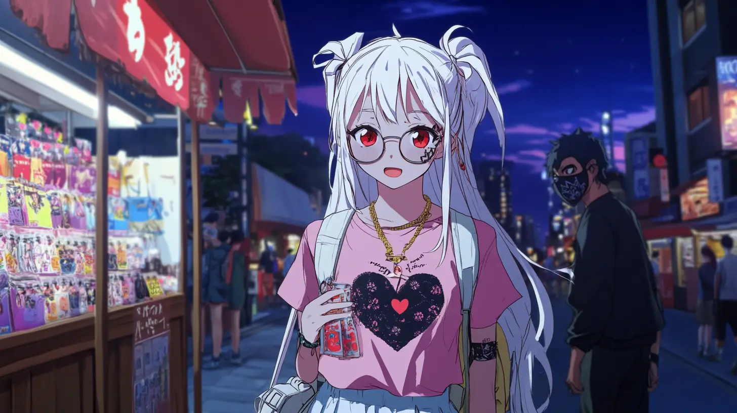 Anime girl at evening street souvenir stand
