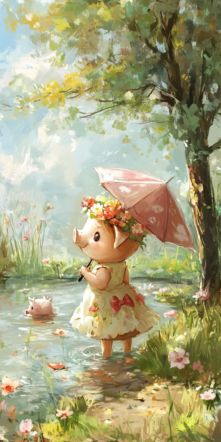 Cute Piglet In Summer Dress Walking By Pond
