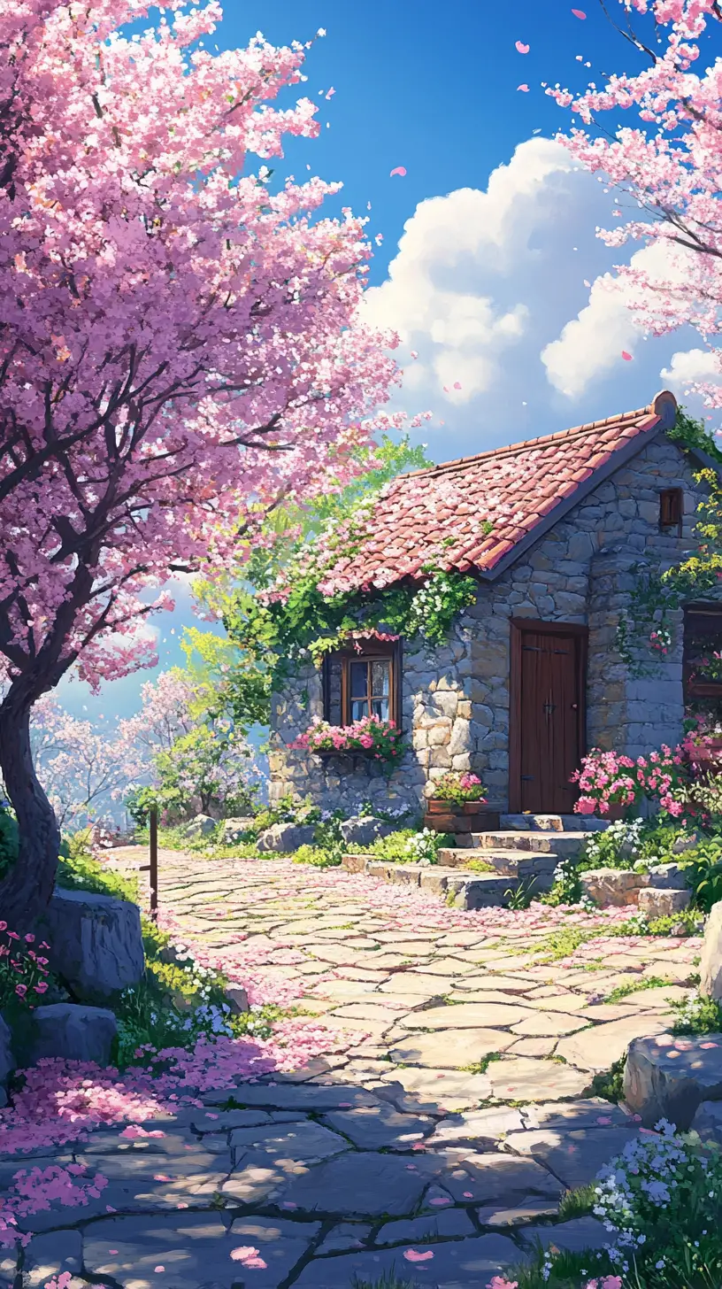 Stone cottage path under cherry blossom trees