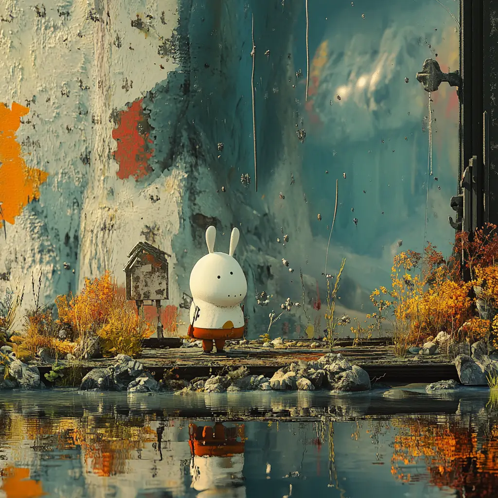 Dadaist minimalist fantasy character in surreal collage landscape