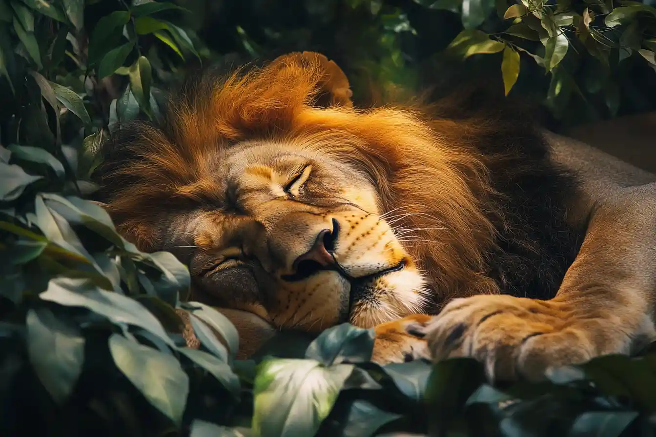 Sleeping lion resting quietly in the jungle night