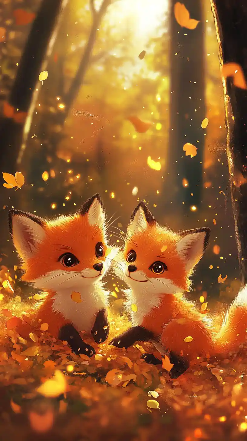 Playful fox cubs in a glowing autumn forest