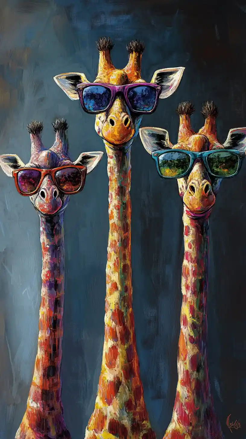 Bunt gemaltes Porträt von drei Giraffen mit Sonnenbrillen