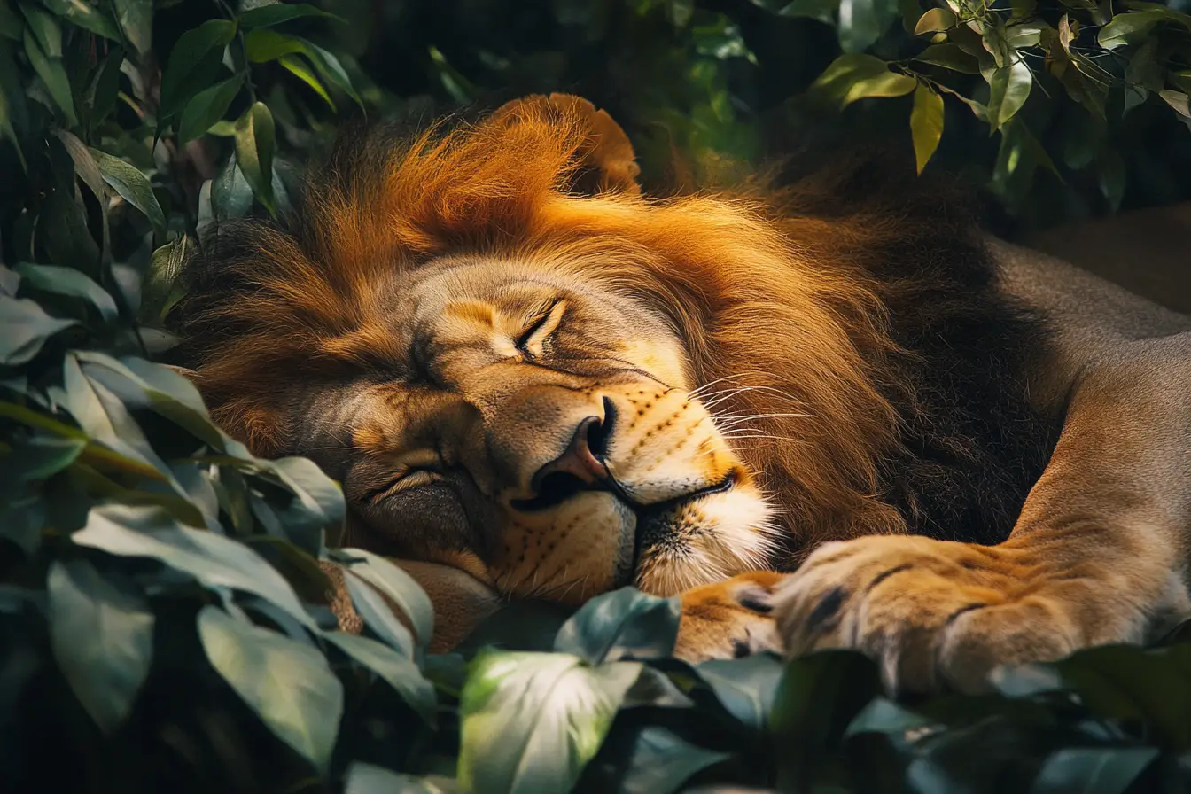 Sleeping lion resting quietly in the jungle night