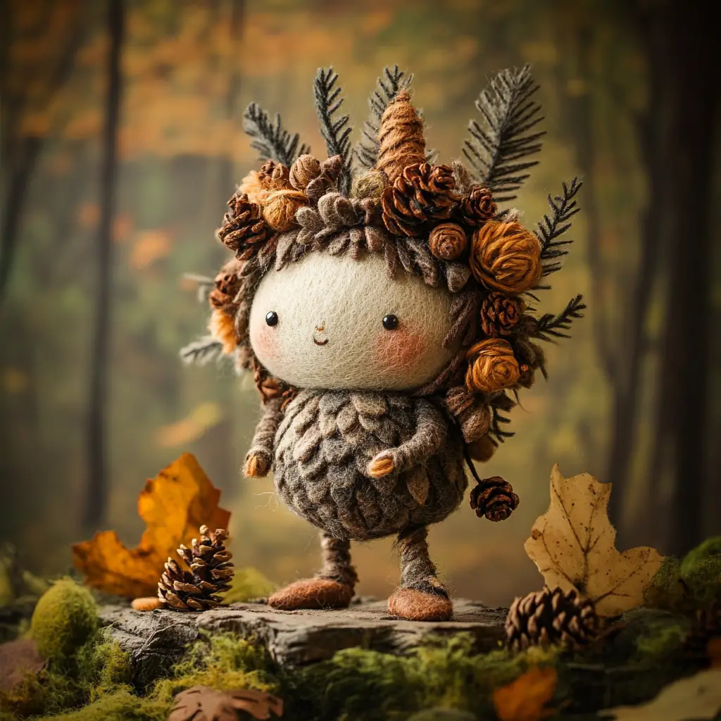 Whimsical Felt Forest Creature Amid Autumn Leaves