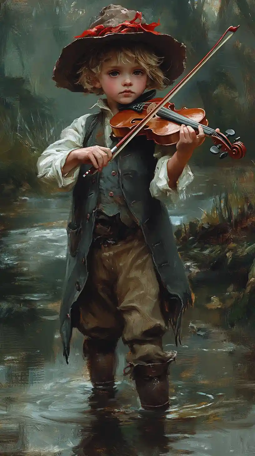 Young boy playing violin in a misty forest river