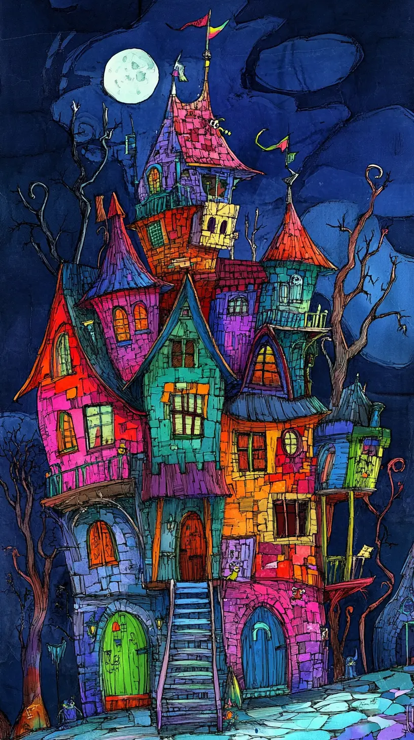 Colorful Halloween haunted house in playful watercolor style