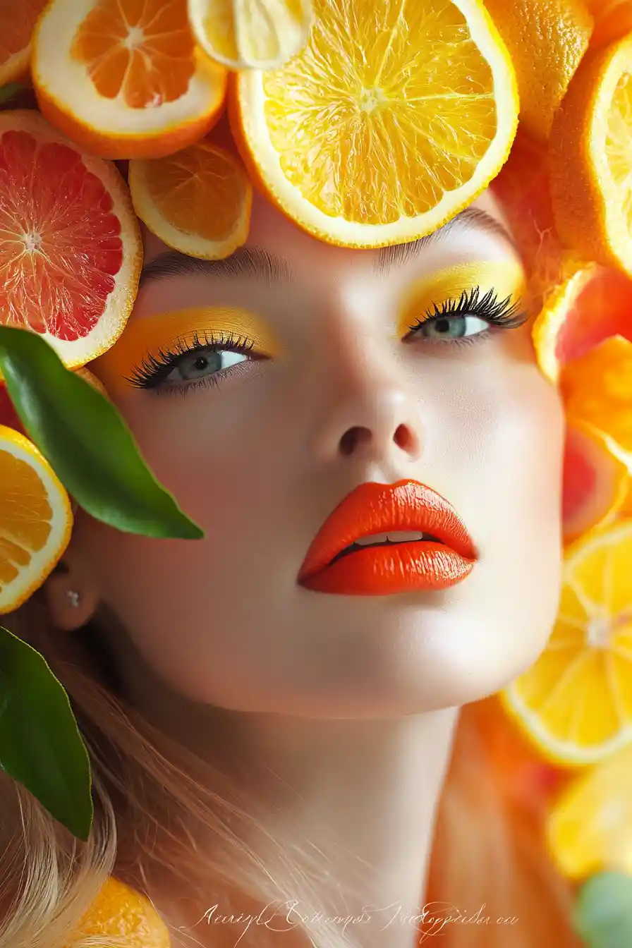 Glamorous fashion woman with creative citrus toned makeup