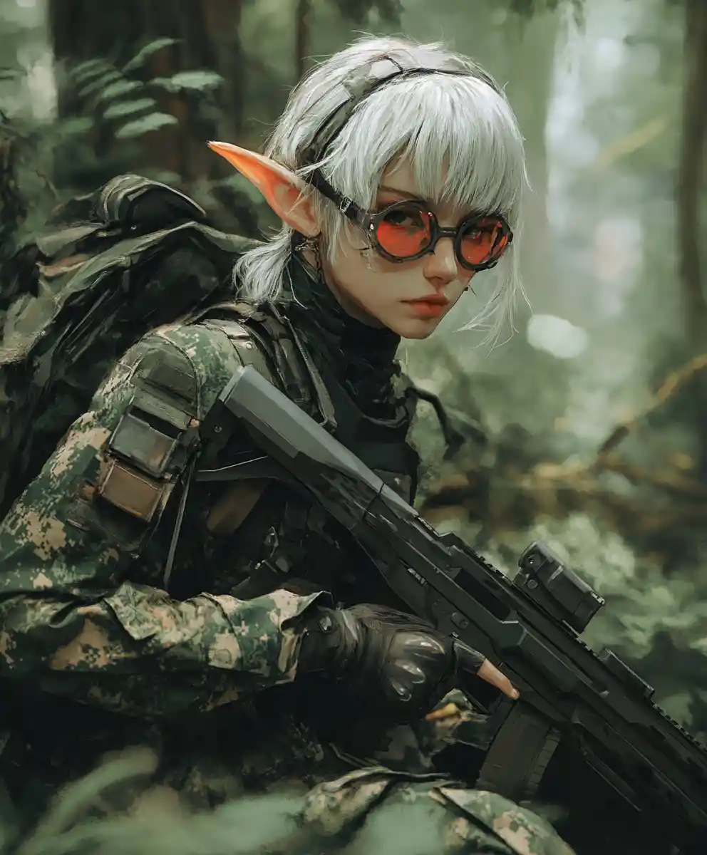 Anime elf warrior woman in misty forest with rifle