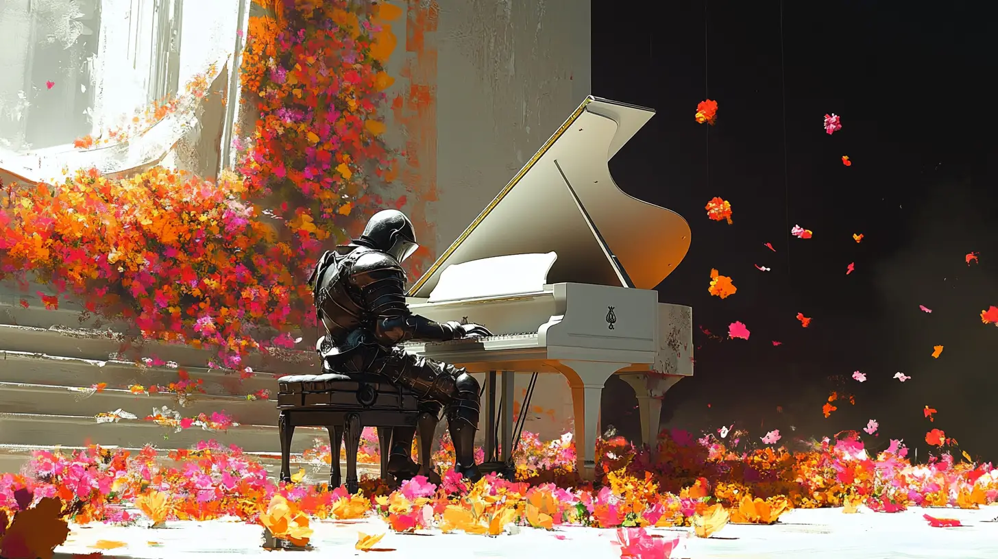 Armored paladin playing a white grand piano on stage