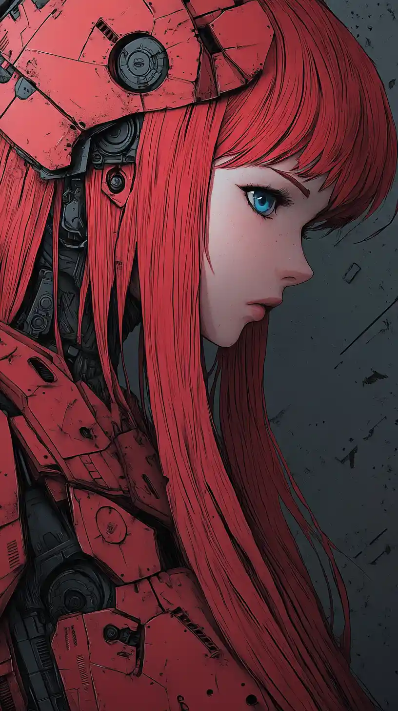 Sad cyber anime girl in red robot armor close up
