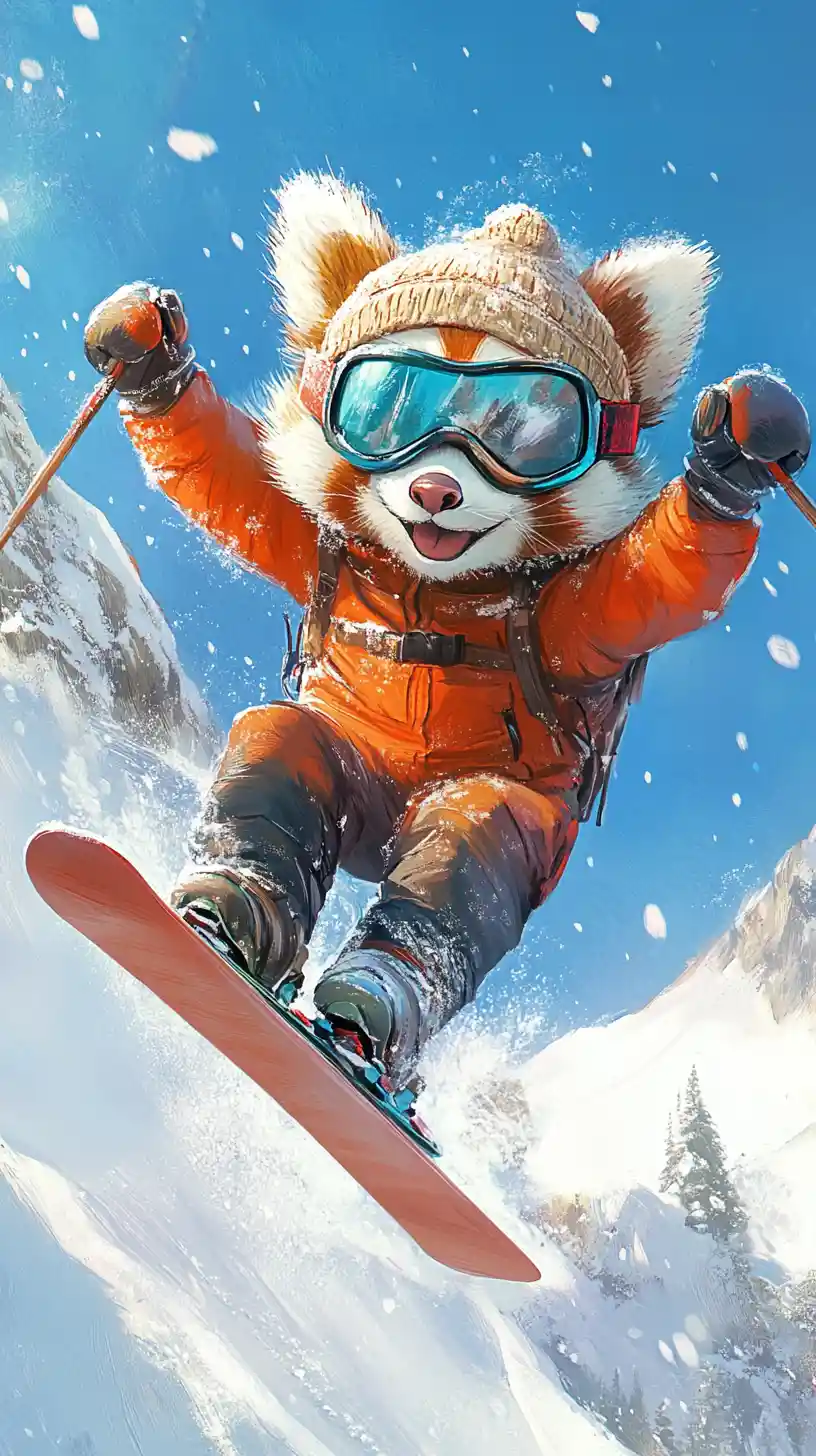 Roter Panda beim Skifahren in einer bunten verschneiten Berglandschaft Illustration
