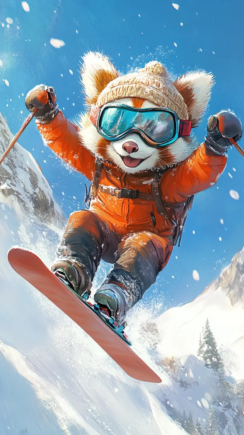 Red panda skiing in a colorful snowy mountain illustration