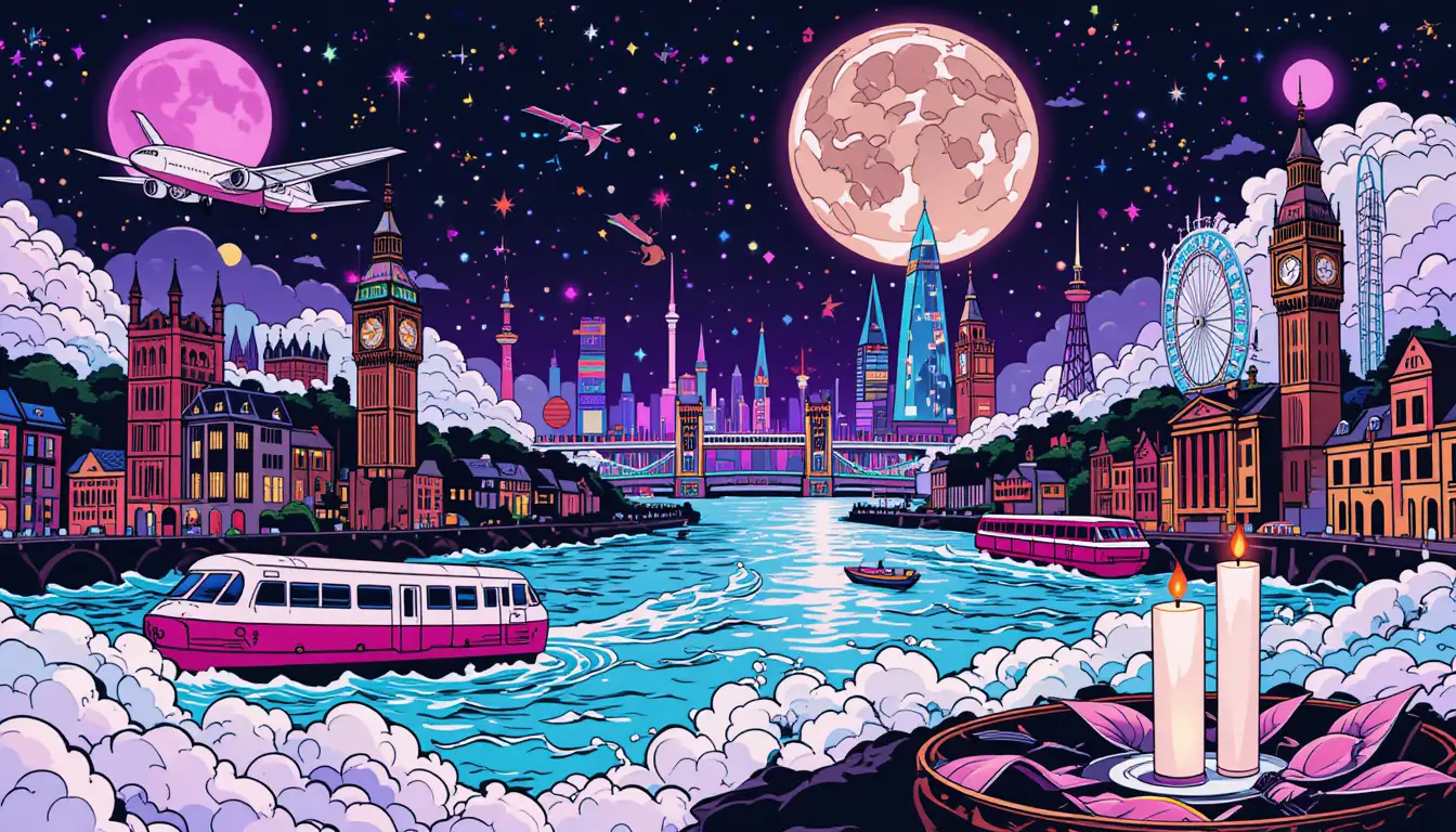 Dreamy musical illustration of London and world landmarks