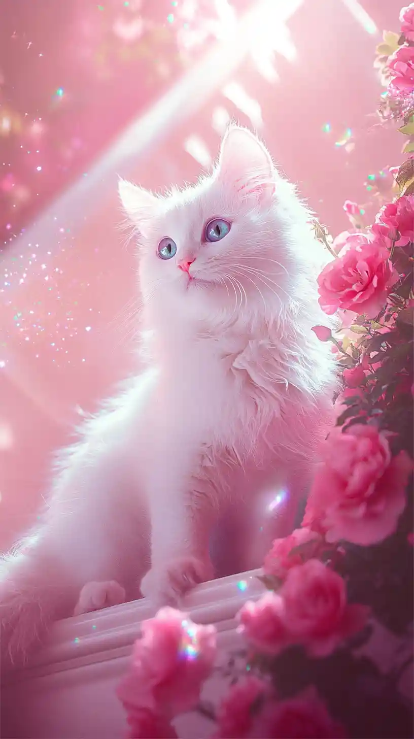 Adorable gatito blanco en una escalera rosa mágica