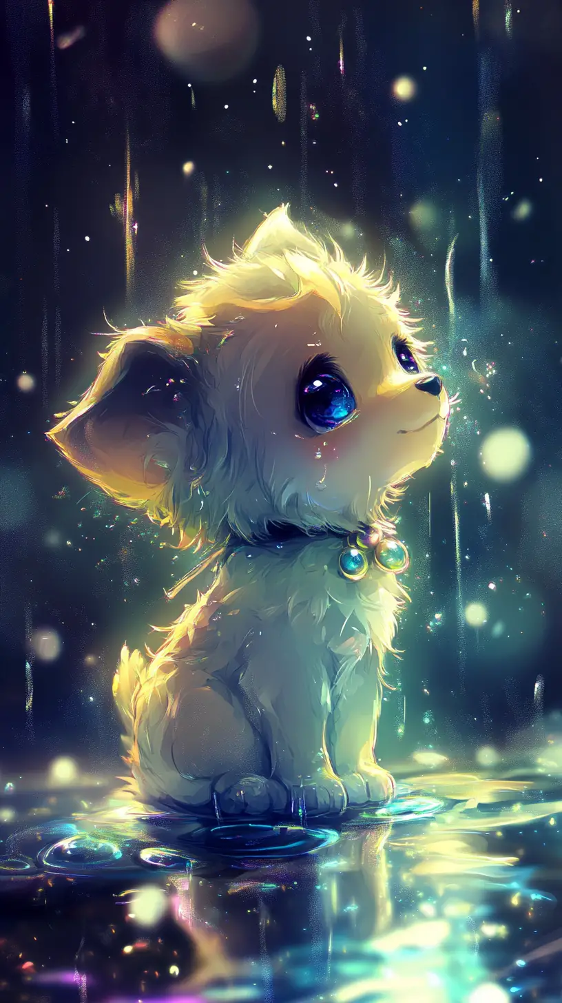 Cute chibi fantasy puppy under a soft starry sky