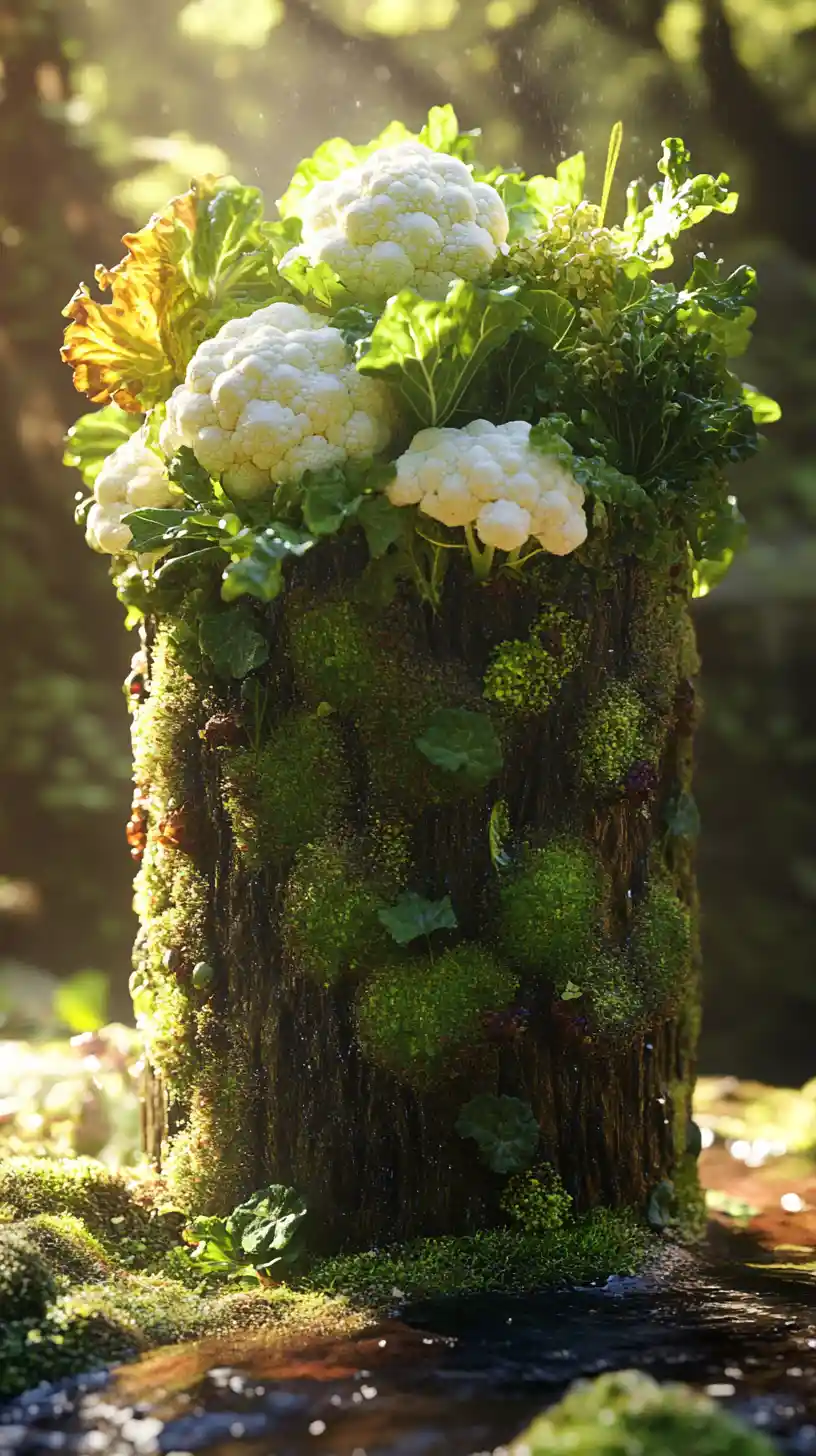 Moss covered cylinder with vegetables in a sunny jungle