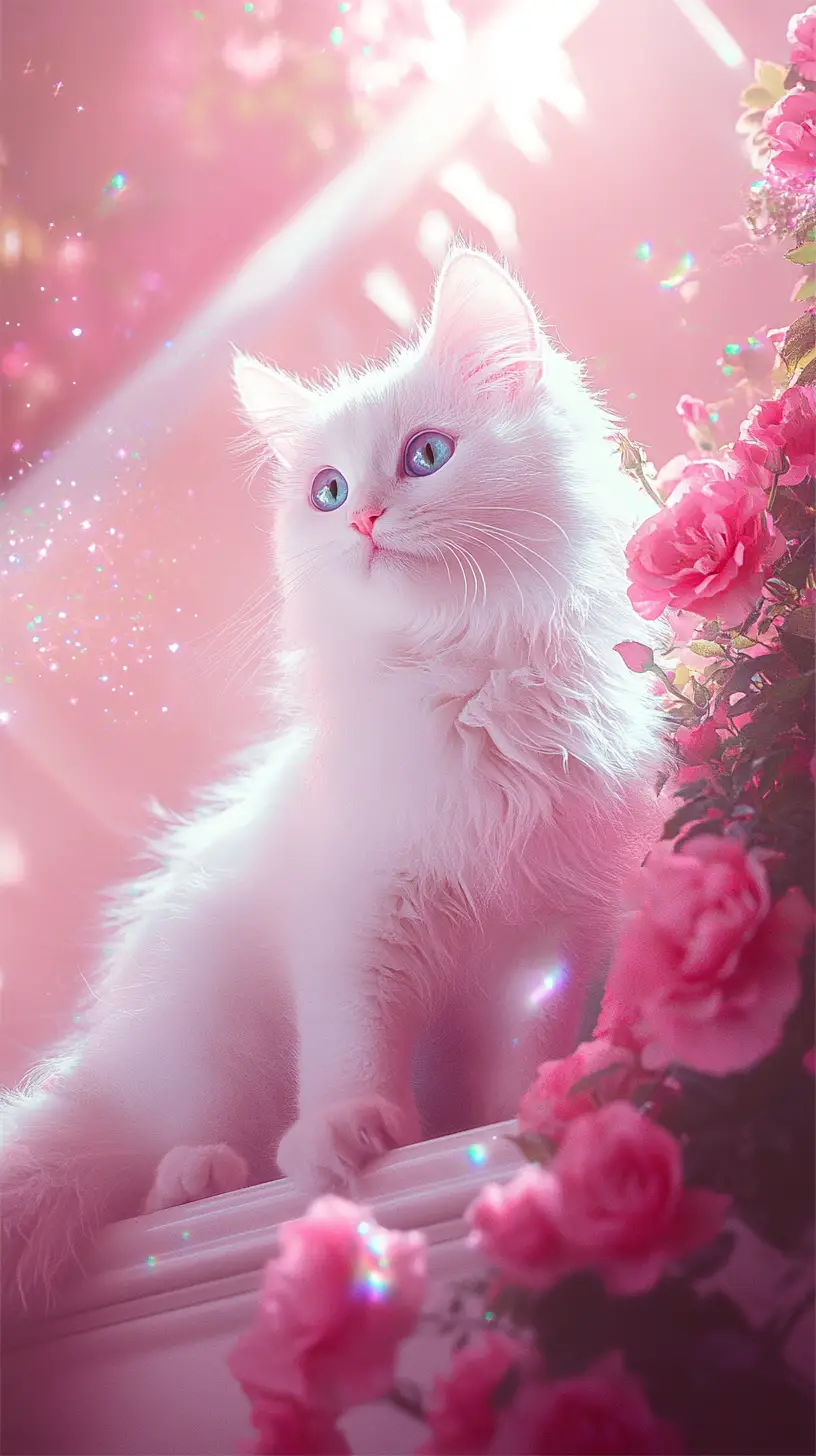 Cute white kitten on a pink magical staircase