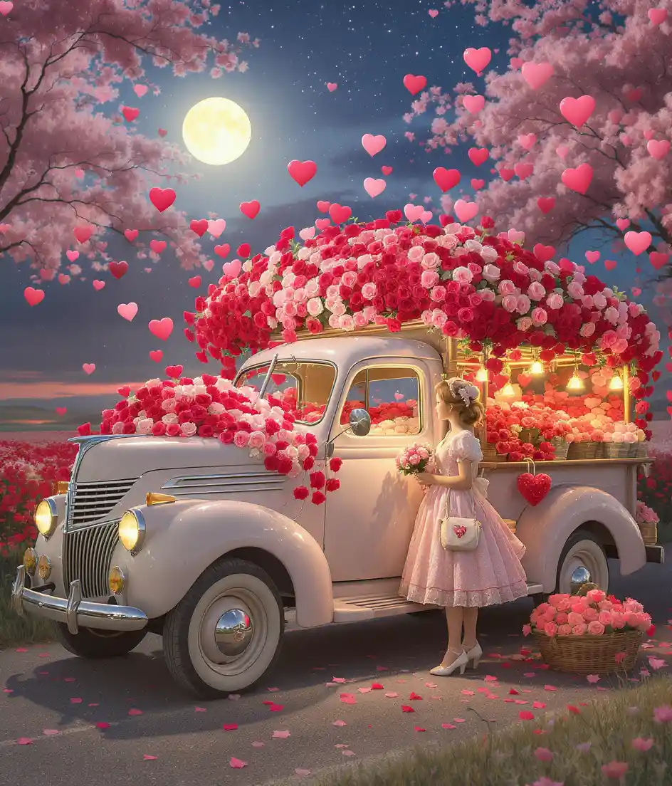 Young woman selling roses at a dreamy roadside stand