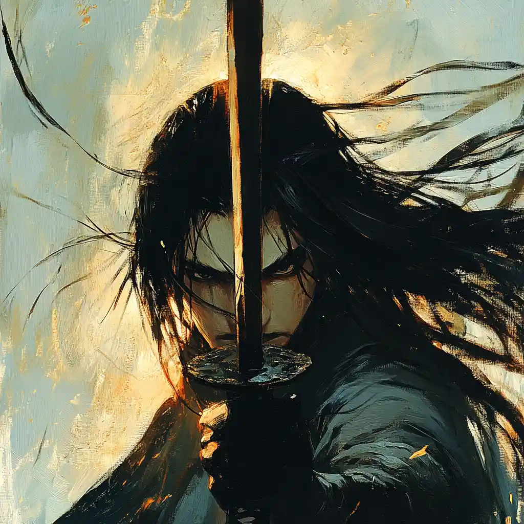 Anime warrior silhouette holding sword in extreme close up