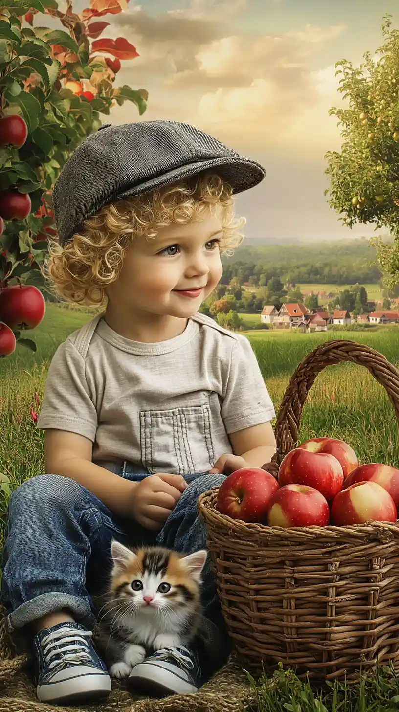 Little blond boy in meadow with kitten and apples