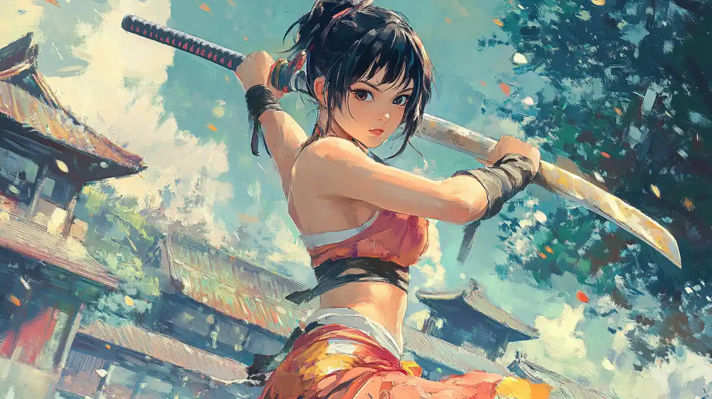Anime warrior woman with scimitar in asian village