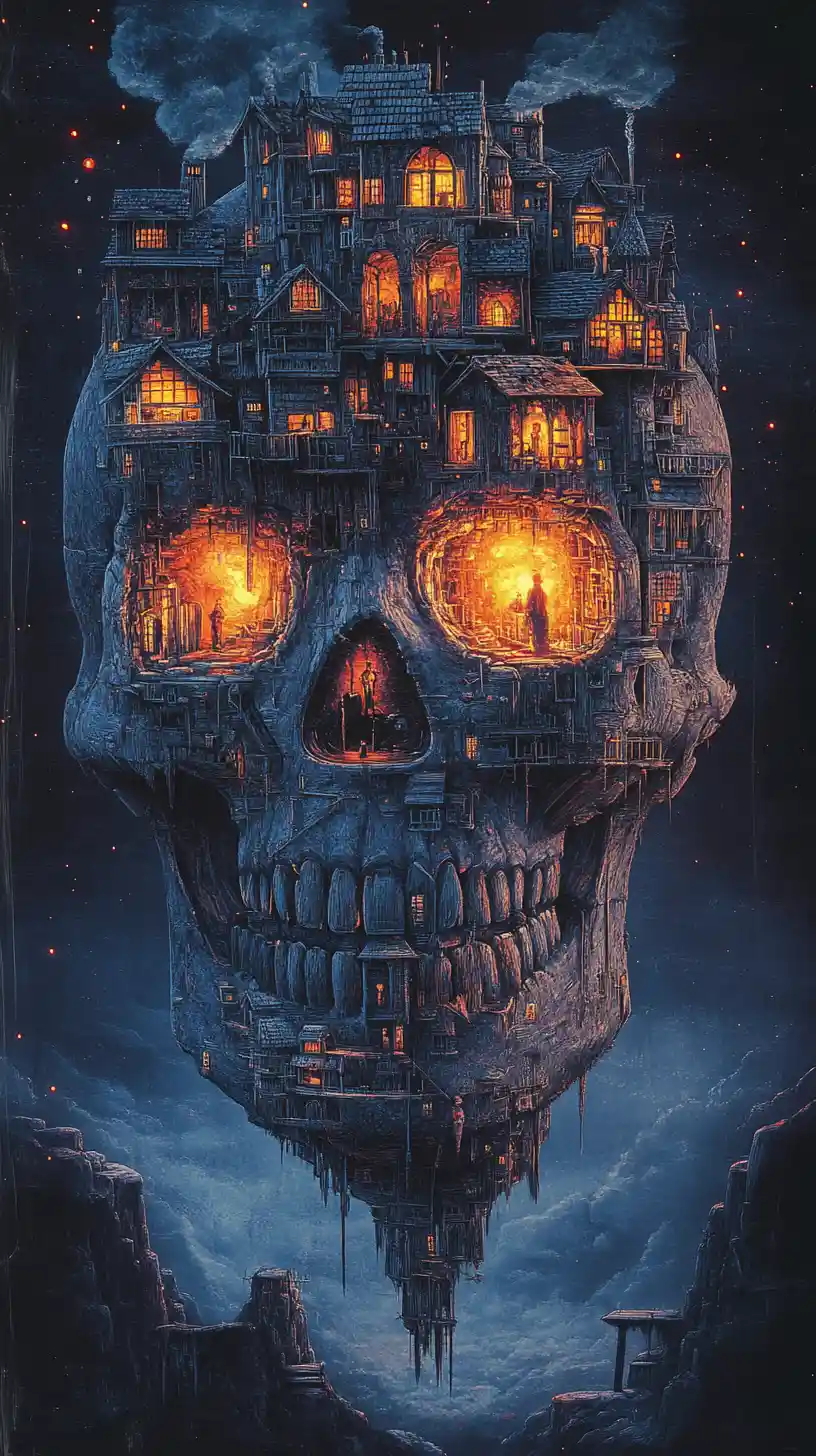 Surreale schwebende Totenkopf-Stadt im Neonnebel
