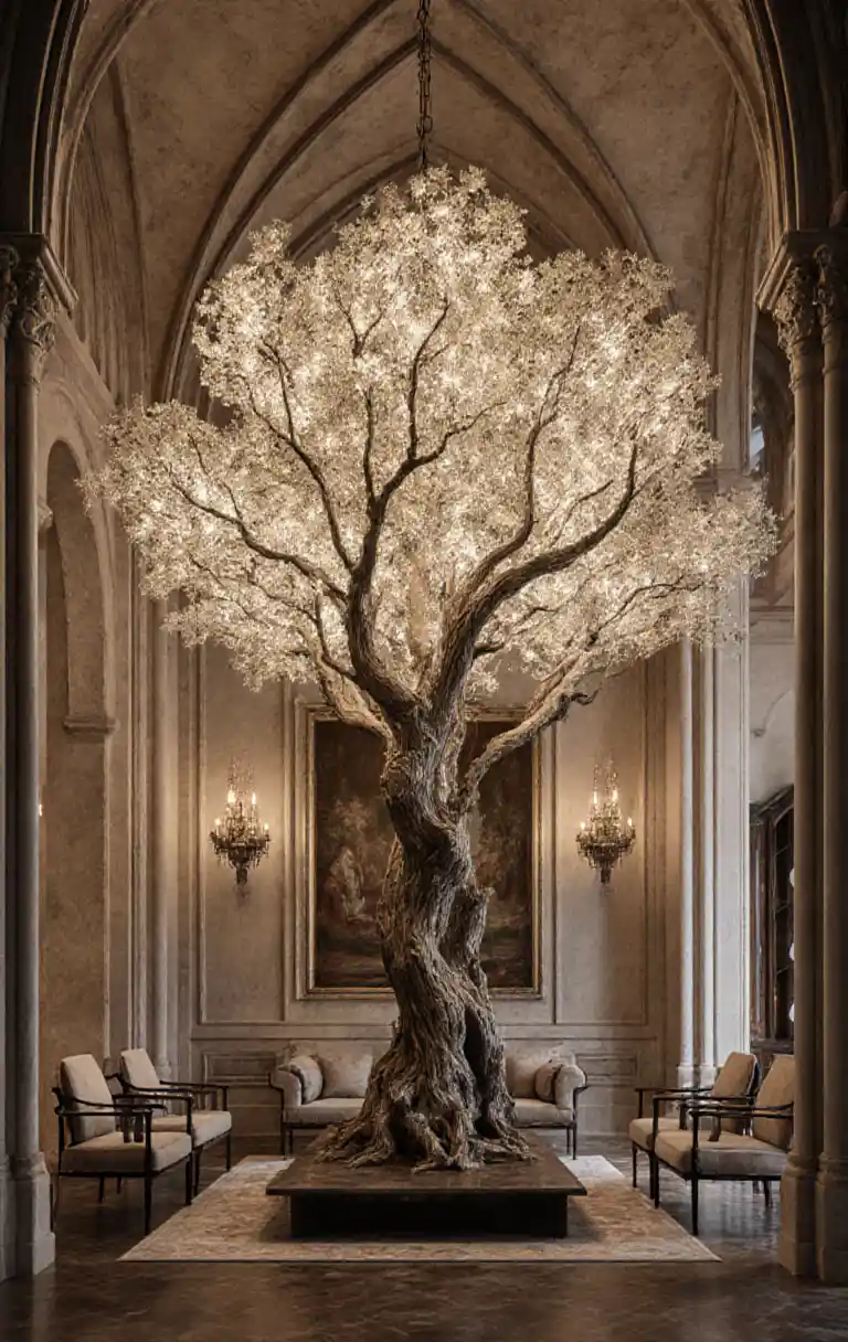 Interior design with an oversized tree shaped chandelier
